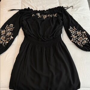 White House/Black Market Off-Shoulder Black Embroidered Long-Sleeve Dress